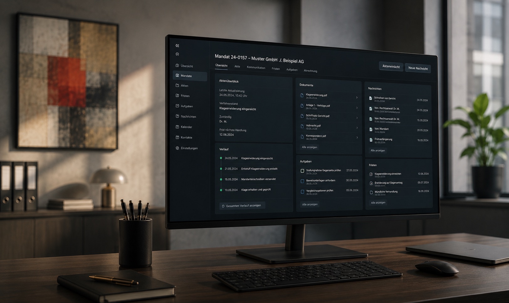 Digitale Mandatsakte am Monitor mit Fristen, Dokumenten und Nachrichten bei corelaw